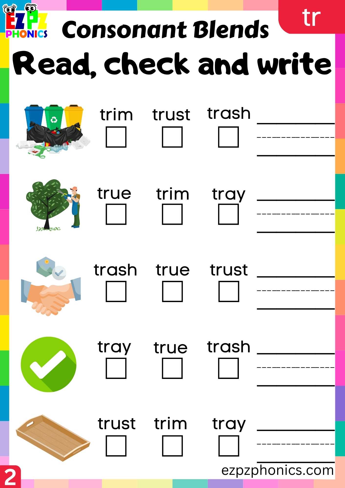 Group2 TR Words Read, Check And Write Phonics Consonant Blends Worksheet